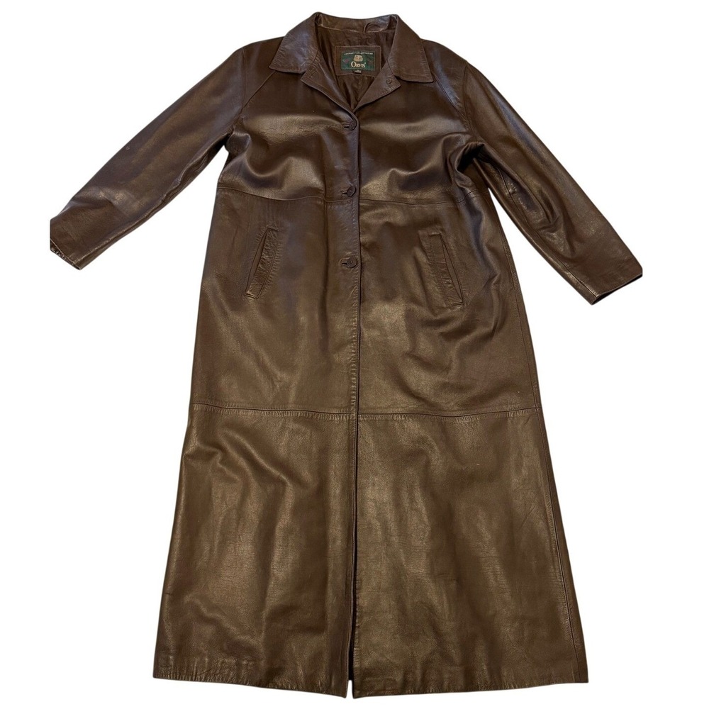 Orvis Womens Brown Leather Trench Coat Long Jacket Size L Vintage Ecuador - Picture 2 of 12